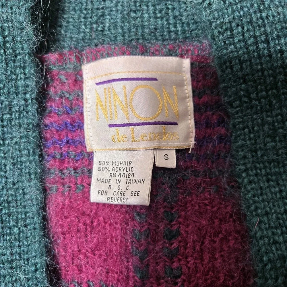 VTG Ninon Knit Sweater Oversized Small Acrylic Mohair Plum Green Blue‎ EUC